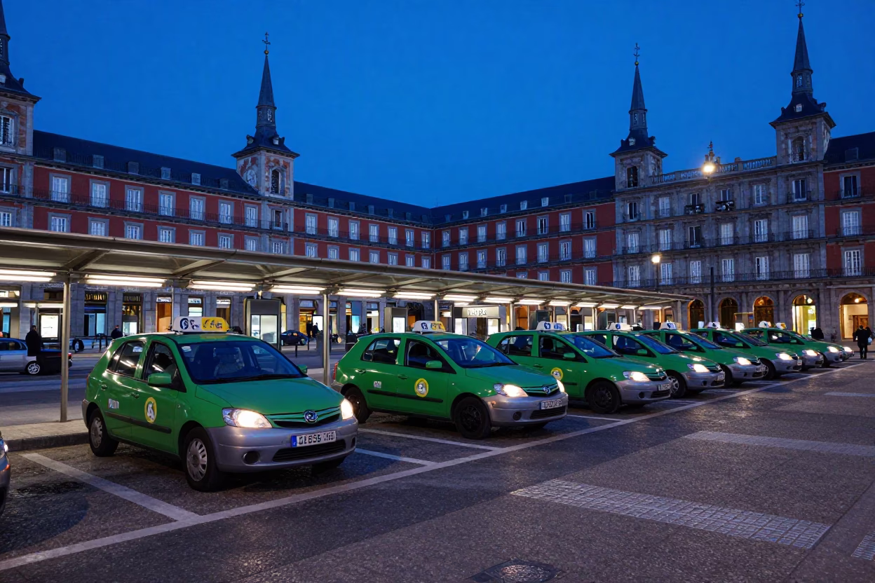 Madrid Spain Evening Twilight Taxi Rank Outside Atocha Station Blue Hour Light in in Madrid, Spain