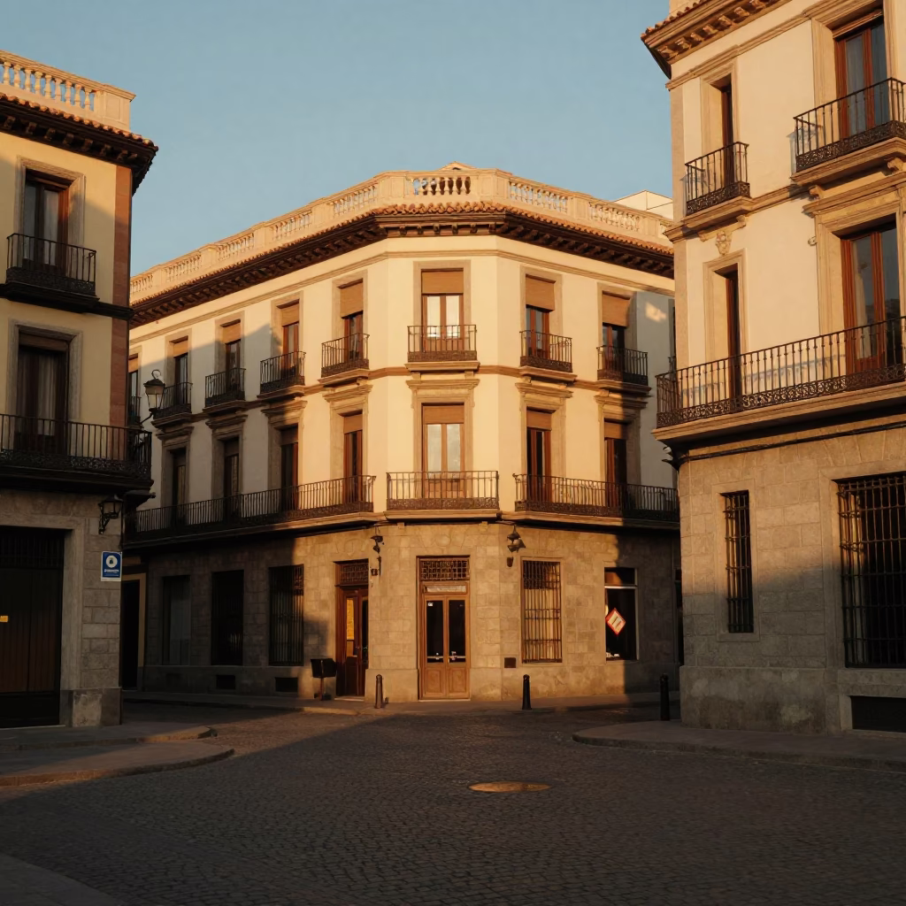 Madrid Spain Honeyed Evening Light 1950s Architecture Street Scene in in Madrid, Spain