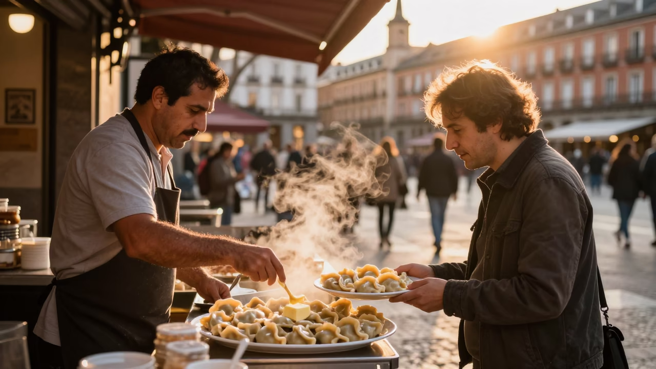 Madrid Spain Honeyed Evening Light Busy Street Scene with Local Interaction in in Madrid, Spain