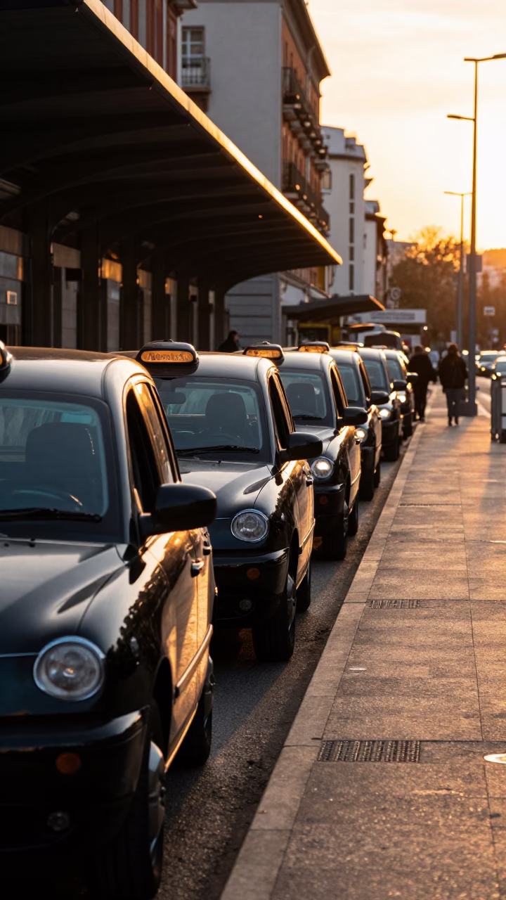 Madrid Spain Honeyed Evening Taxi Rank Outside Atocha Station Urban Scene in in Madrid, Spain