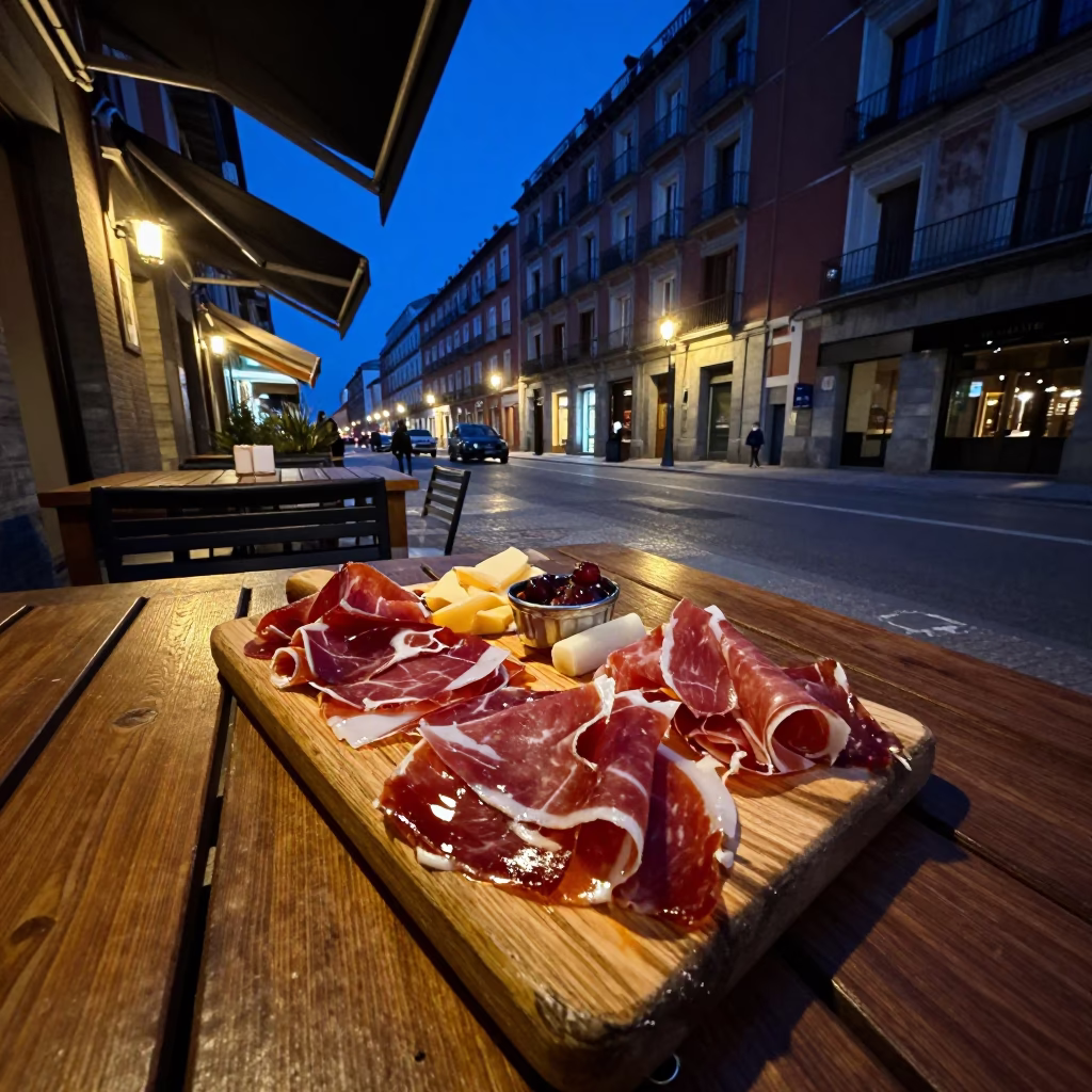 Madrid Spain indigo twilight street scene with charcuterie board and apothecary jar on terrace in in Madrid, Spain