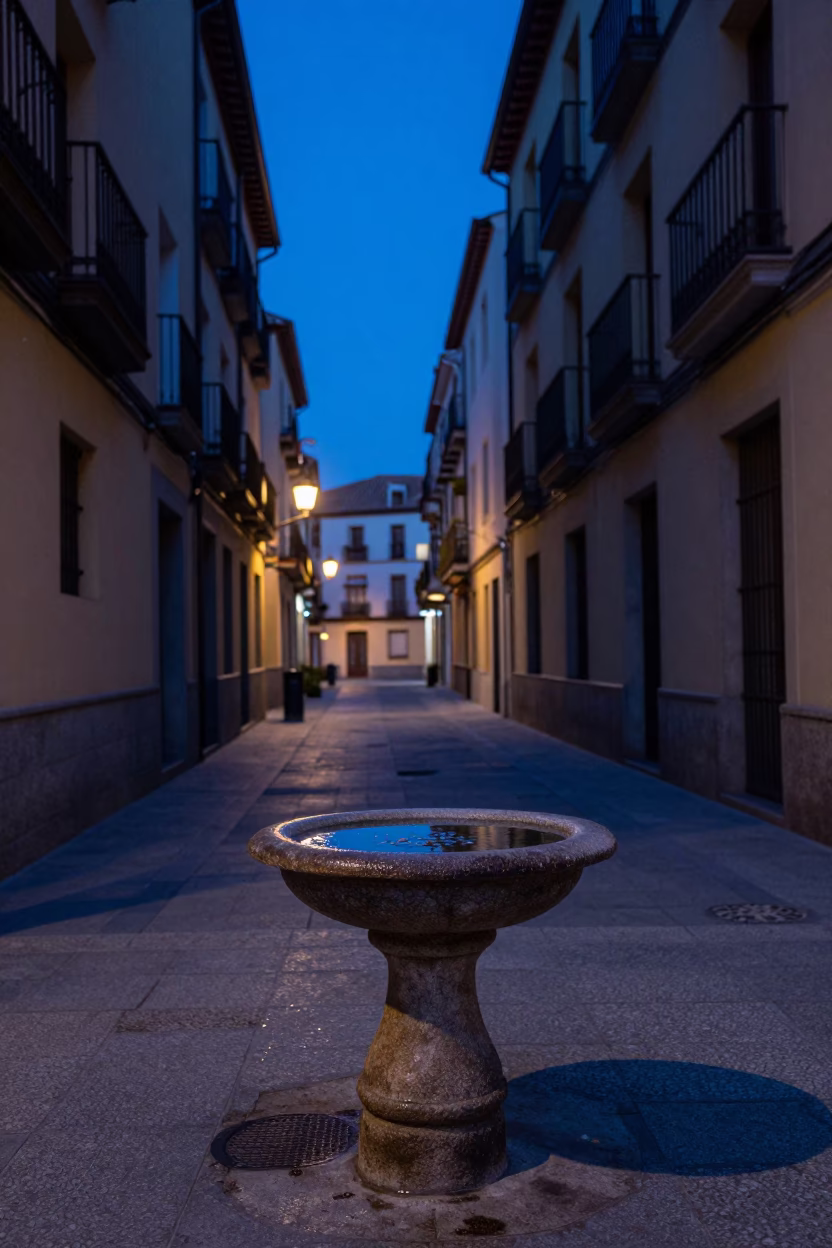 Madrid Spain Indigo Twilight Street Scene with Condensation on Basin and Padlock in in Madrid, Spain