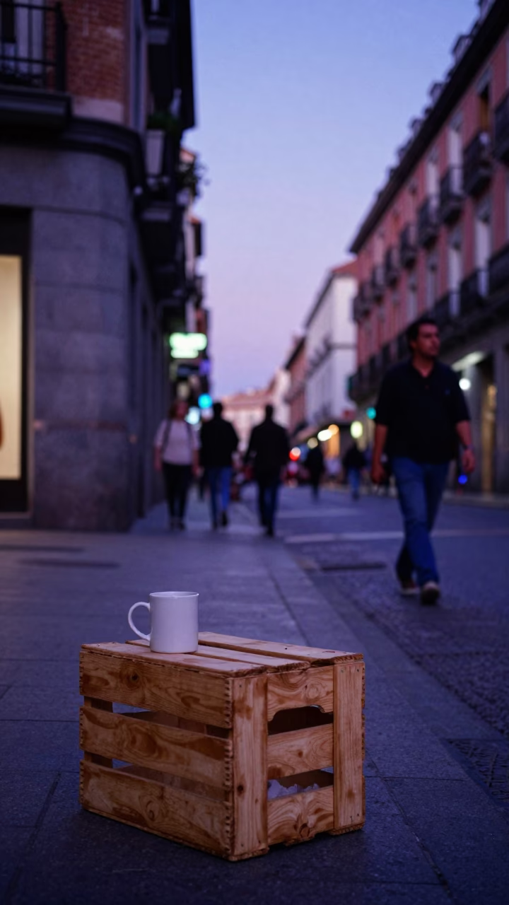 Madrid Spain Indigo Twilight Street Scene with Crate and Mug in in Madrid, Spain