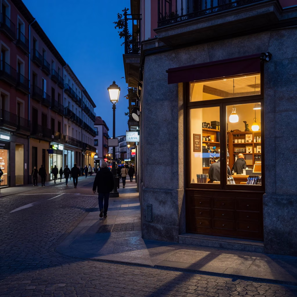 Madrid Spain Indigo Twilight Street Scene With Cutlery And Drawer Knob Details in in Madrid, Spain