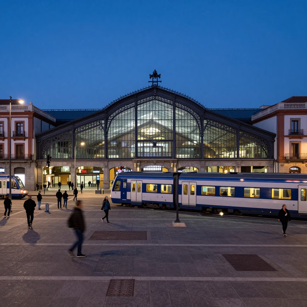 Madrid Spain indigo twilight street scene with glass steel train station and string lights in in Madrid, Spain