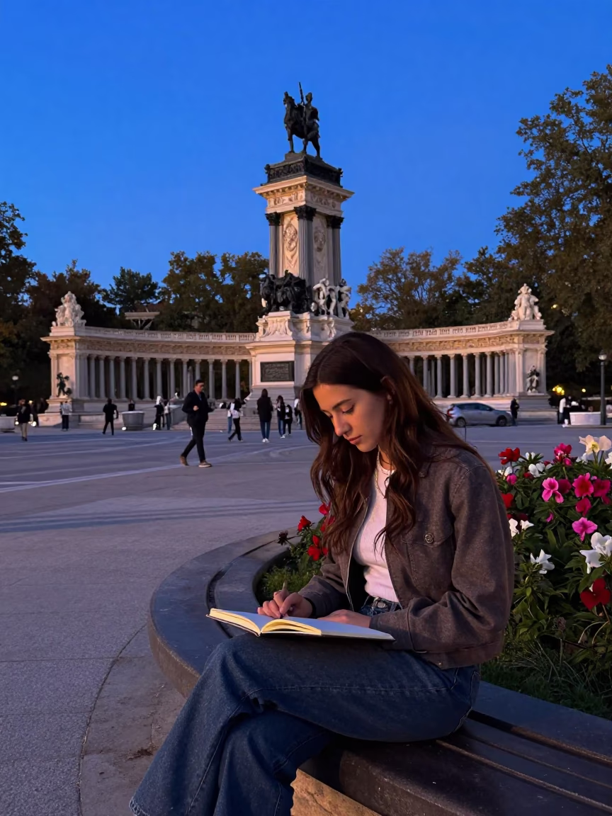 Madrid Spain Indigo Twilight Street Scene with Notebook and Flowering Plant in in Madrid, Spain
