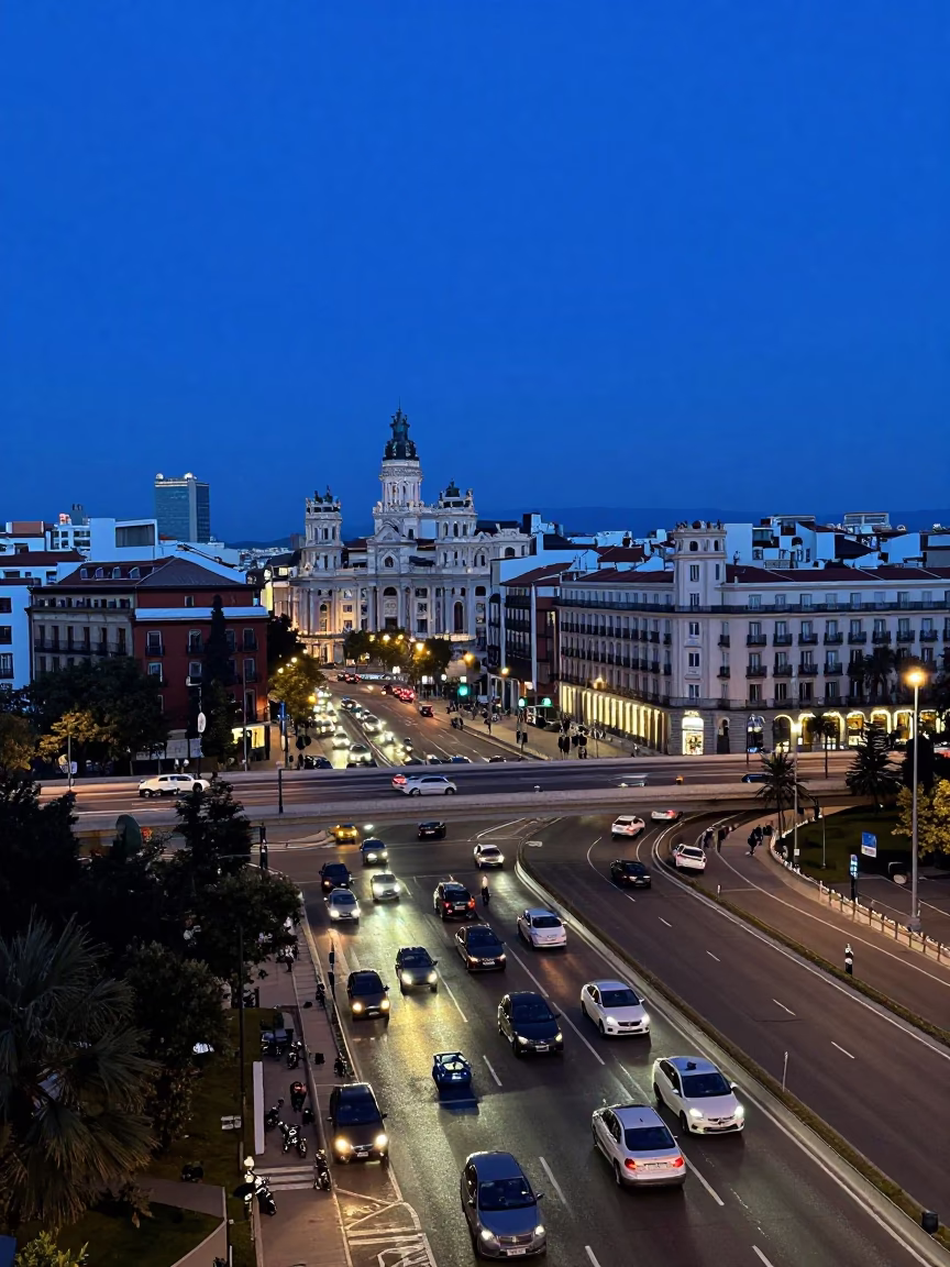 Madrid Spain Indigo Twilight Street Scene with Overpass Interchange and Taillight Streaks in in Madrid, Spain