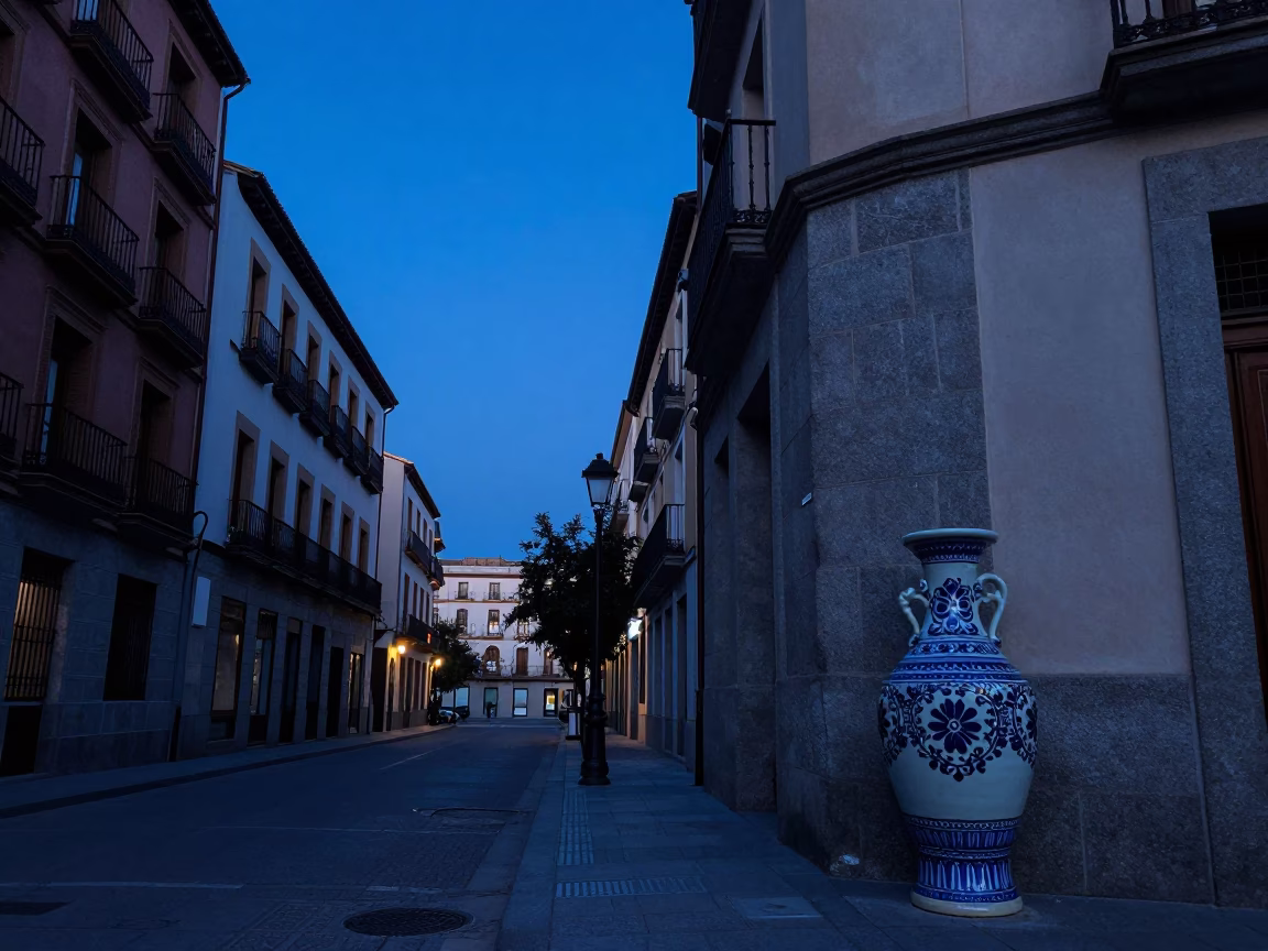 Madrid Spain indigo twilight street scene with traditional ceramic vase and evening light in in Madrid, Spain