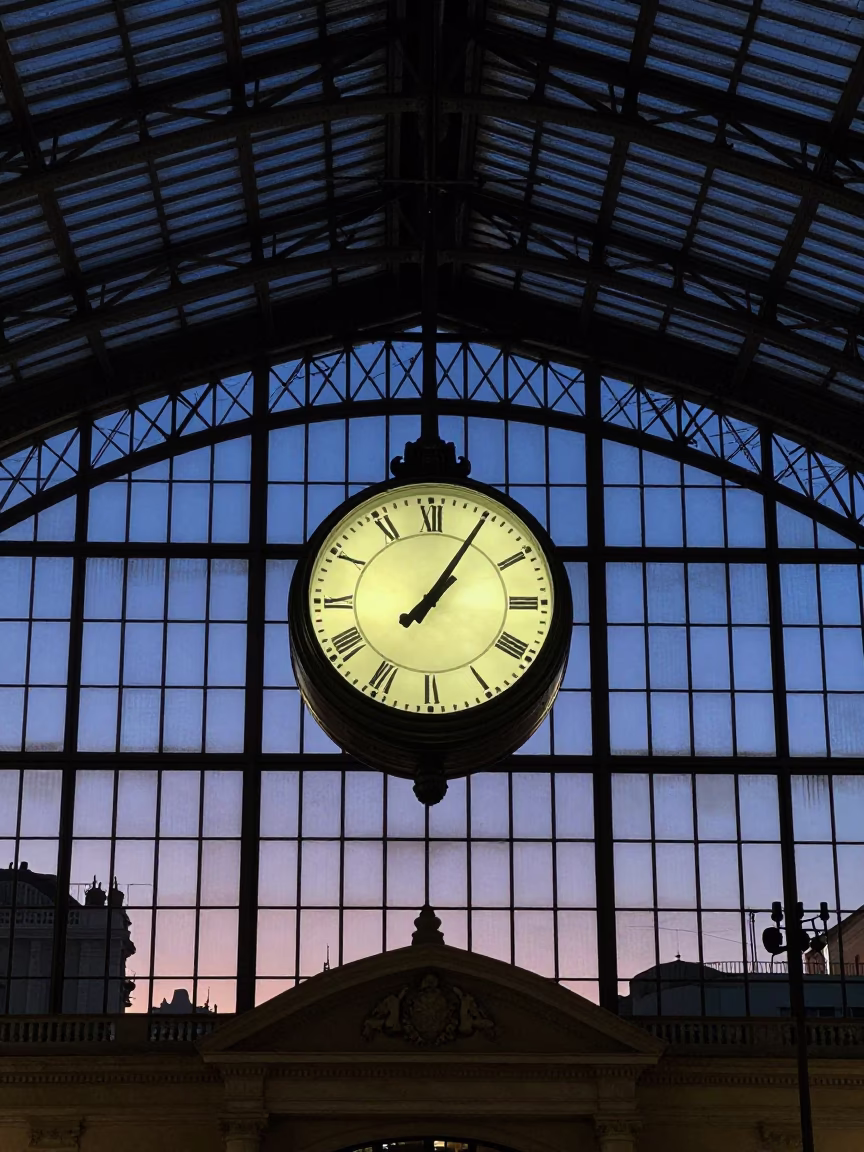 Madrid Spain Indigo Twilight Train Station Clock Under Vaulted Iron Roof in in Madrid, Spain