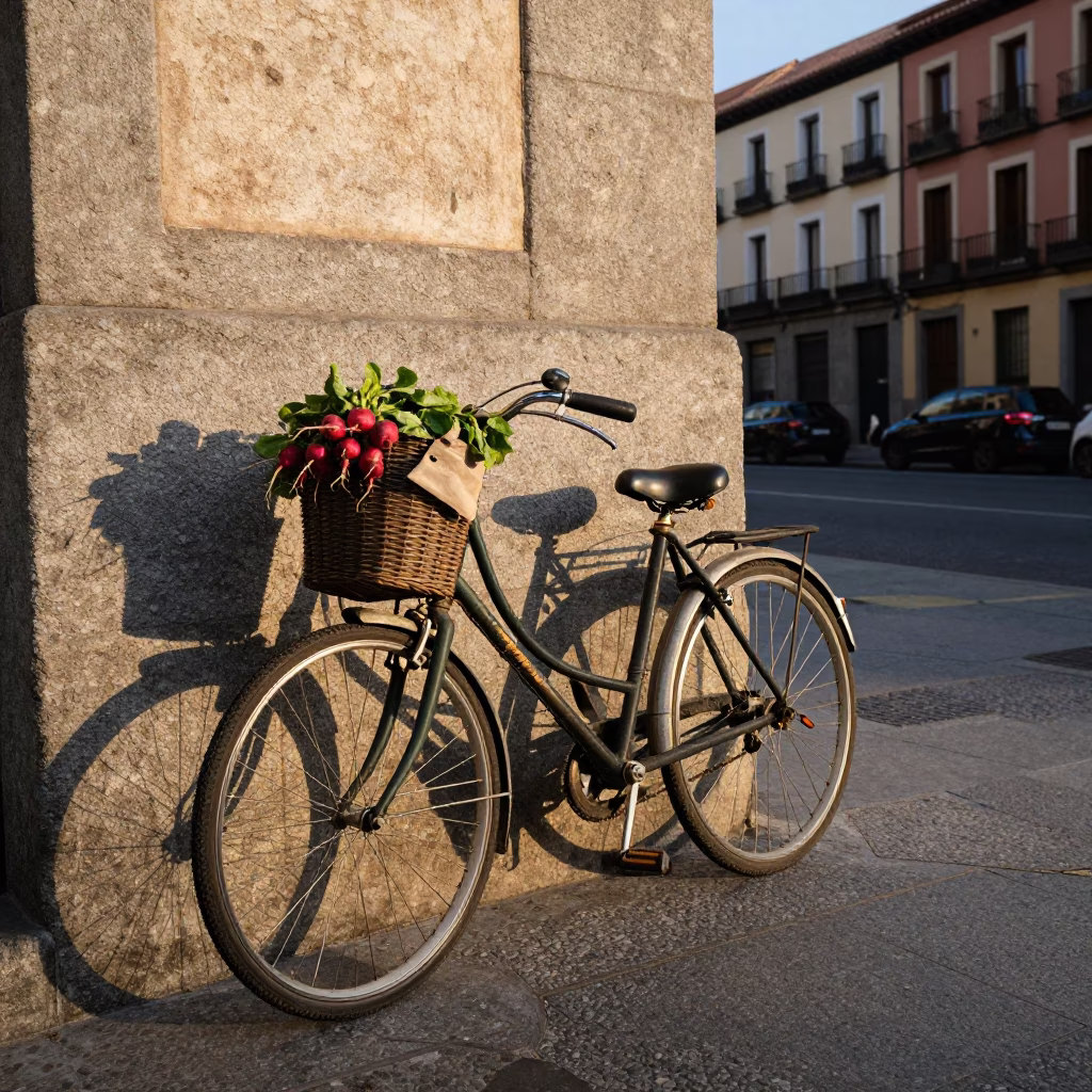 Madrid Spain Late Afternoon Street Scene with Bicycle Basket and Door Wreaths in in Madrid, Spain