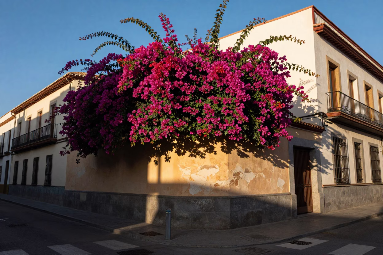 Madrid Spain Late Afternoon Street Scene With Bougainvillea And Urban Architecture in in Madrid, Spain