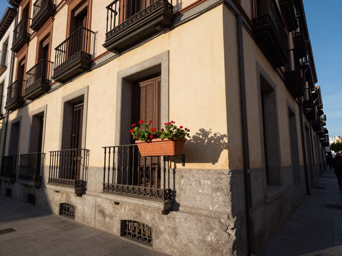 Madrid Spain Late Afternoon Street Scene with Flowerpot and Date Palm in Clear Light in in Madrid, Spain