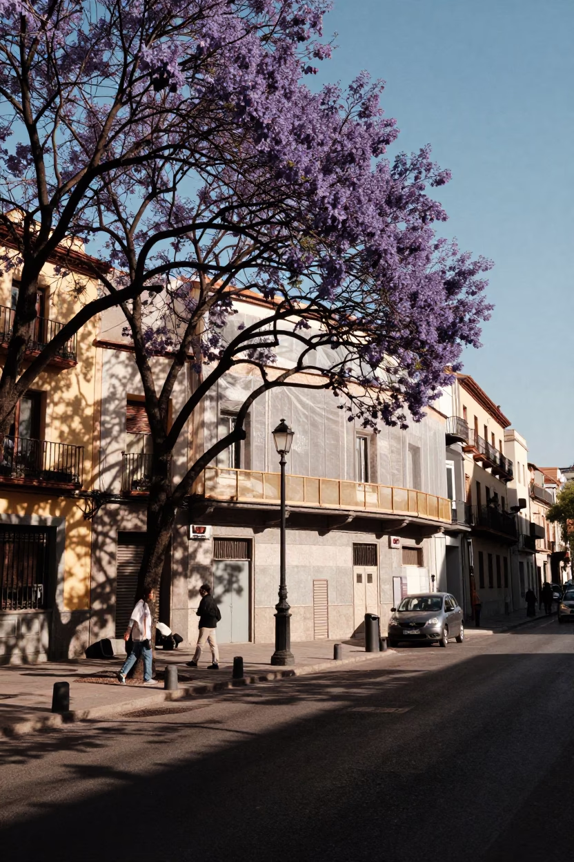 Madrid Spain Late Afternoon Street Scene with Jacaranda Tree and Urban Details in in Madrid, Spain