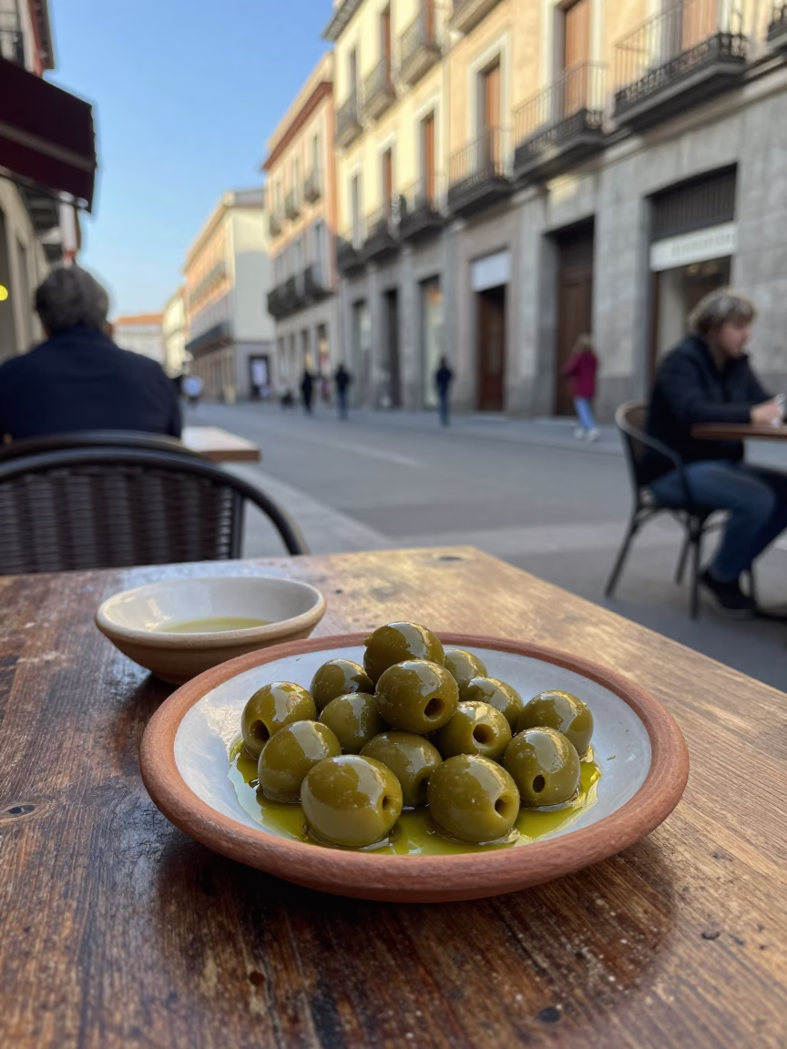 Madrid Spain Late Afternoon Street Scene with Olive Dish and Padlock on Cafe Table in in Madrid, Spain