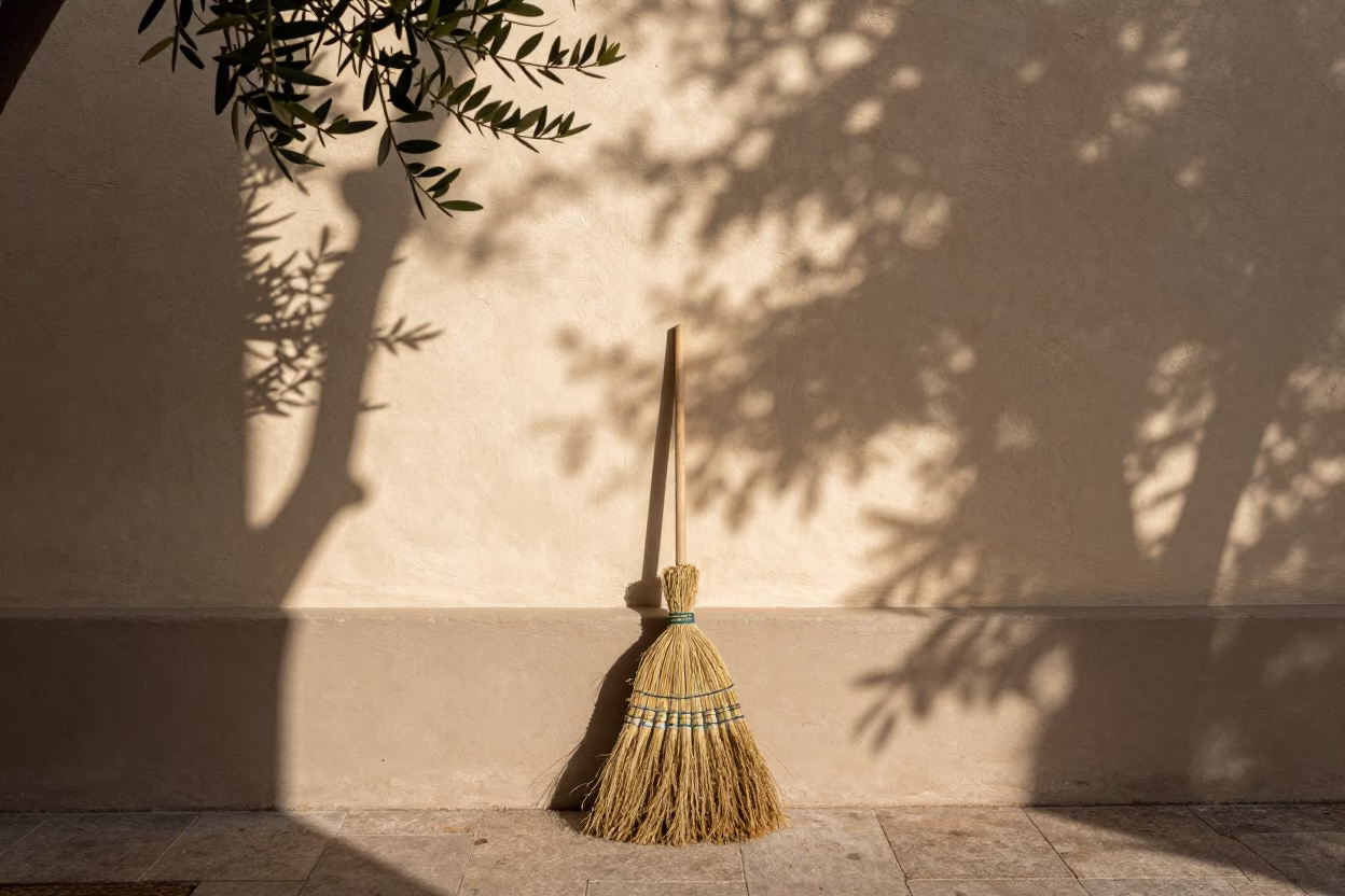 Madrid Spain Late Afternoon Sunlight Casting Leaf Shadows on Plaster Wall Near Traditional Broom in in Madrid, Spain