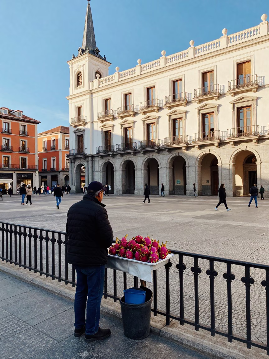 Madrid Spain Late Morning Street Scene with Dragon Fruit Vendor and Traditional Architecture in in Madrid, Spain