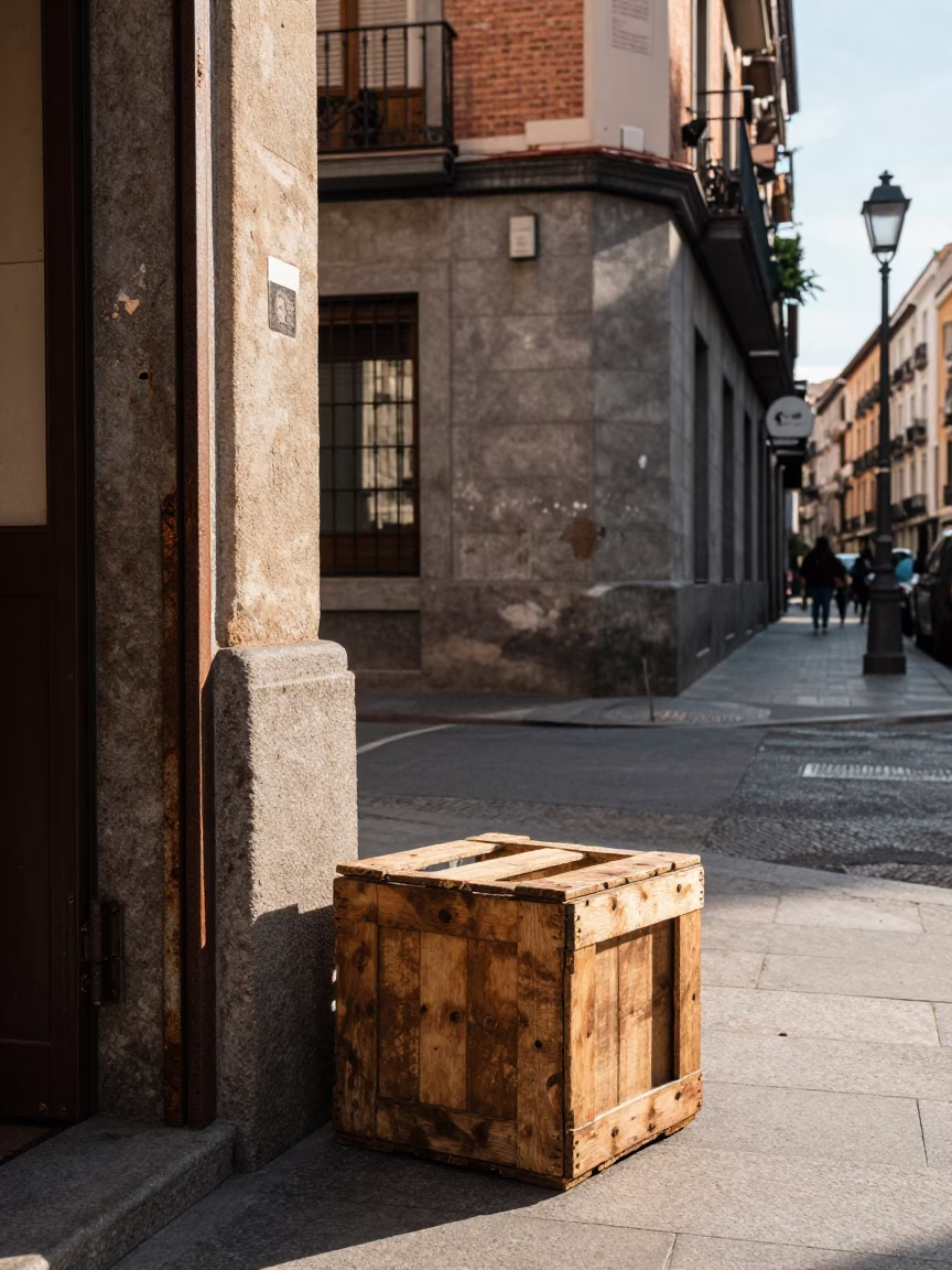 Madrid Spain Late Morning Street Scene With Rusty Doorframe And Wooden Crate in in Madrid, Spain