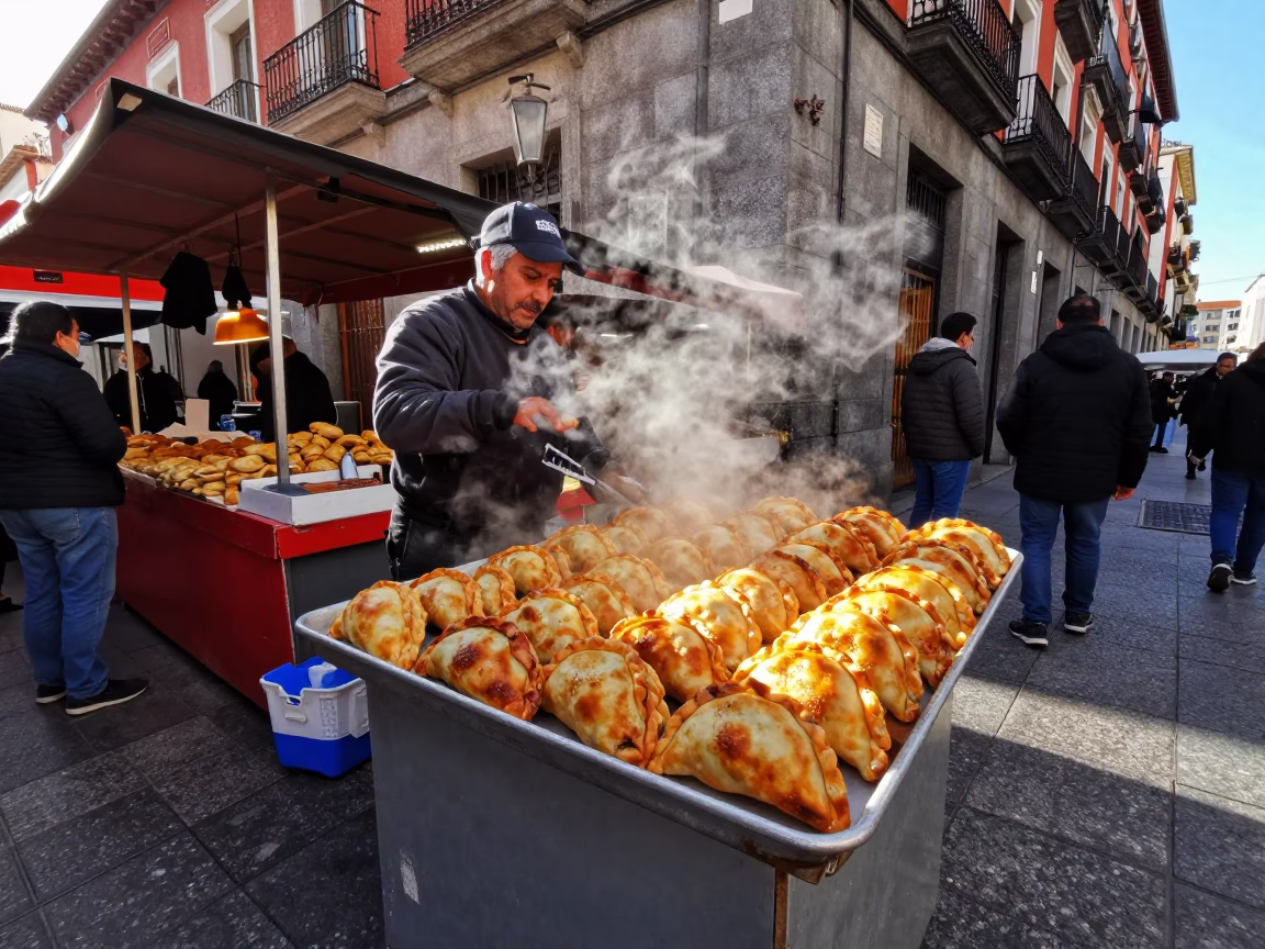 Madrid Spain Late Morning Street Scene with Traditional Golden Empanadas and Ceramic Pitcher in in Madrid, Spain