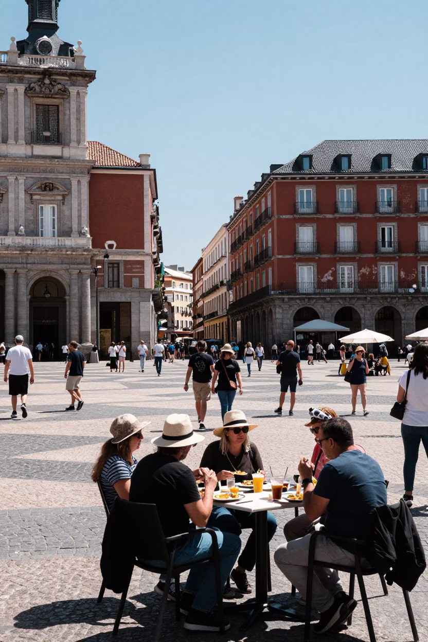 Madrid Spain Midday Street Scene with Tourists and Local Architecture in in Madrid, Spain