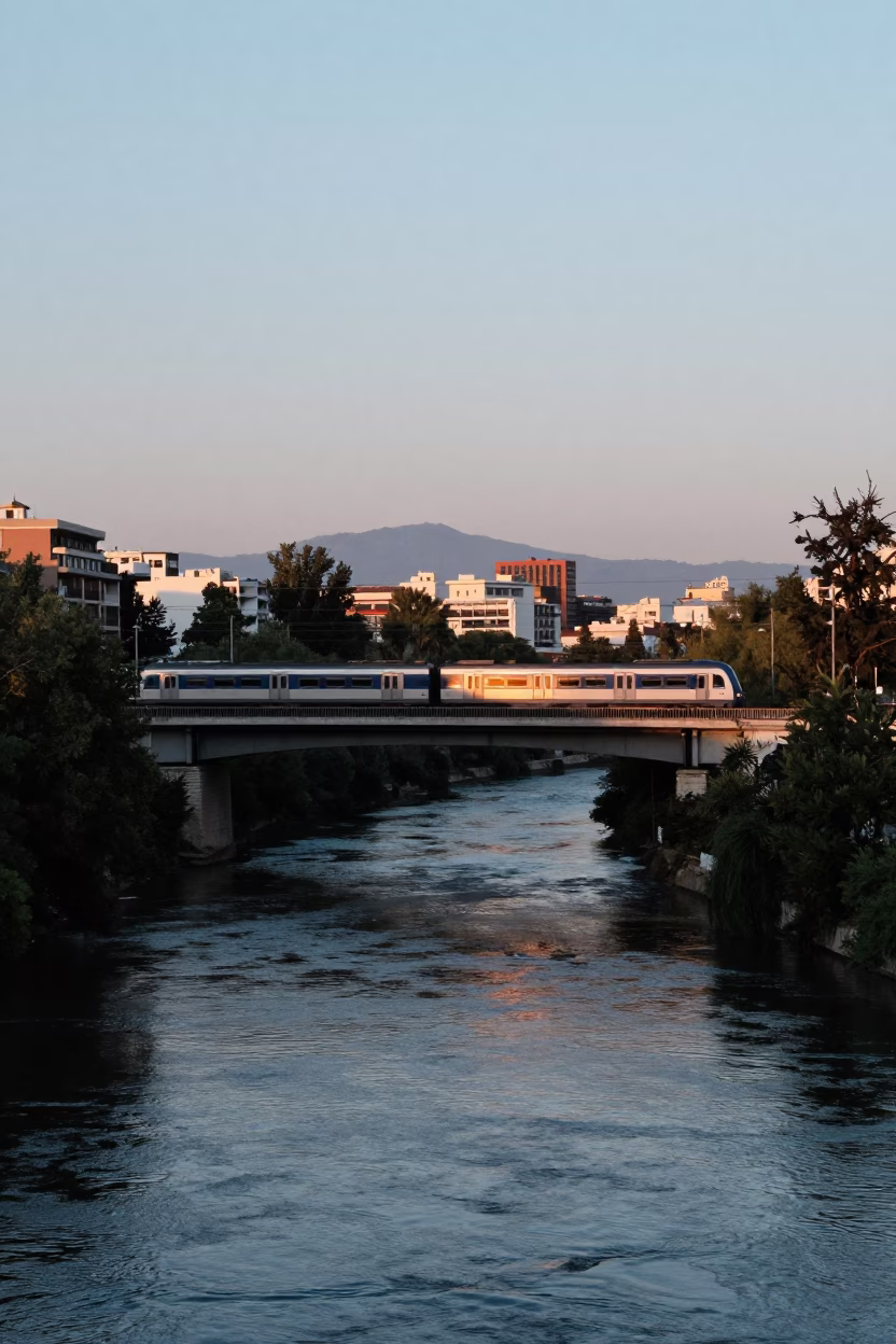 Madrid Spain Nautical Dawn Commuter Train Crossing Bridge Blue Hour Cityscape in in Madrid, Spain