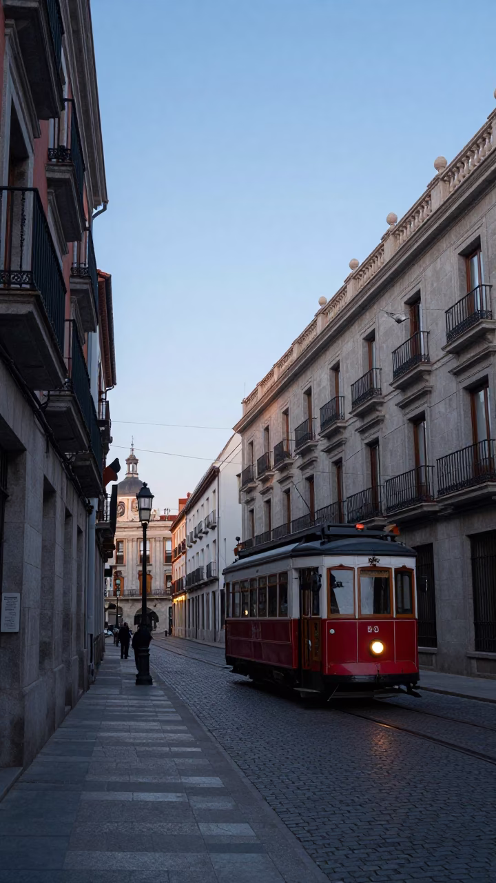Madrid Spain Nautical Dawn Light on Historic Stone and Urban Street Scene in in Madrid, Spain