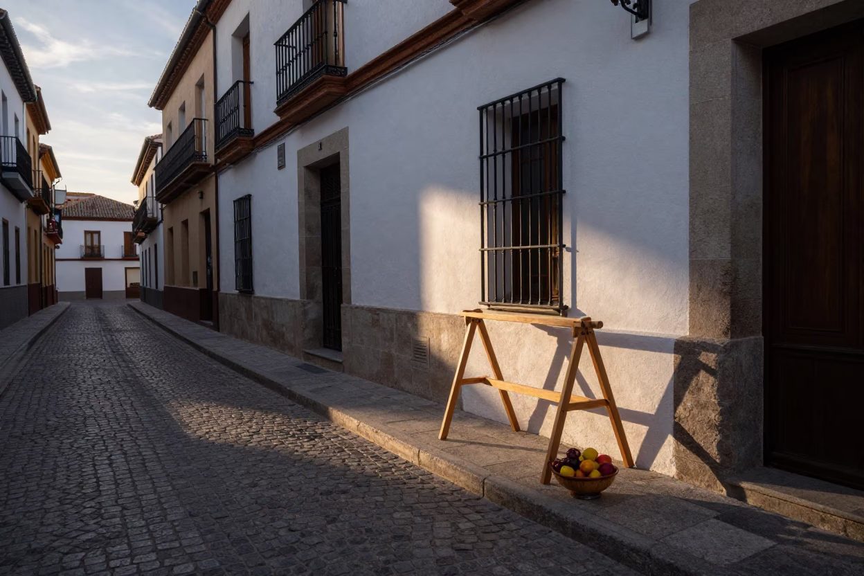 Madrid Spain Nautical Dawn Street Scene with Fruit Bowl and Drying Rack in in Madrid, Spain
