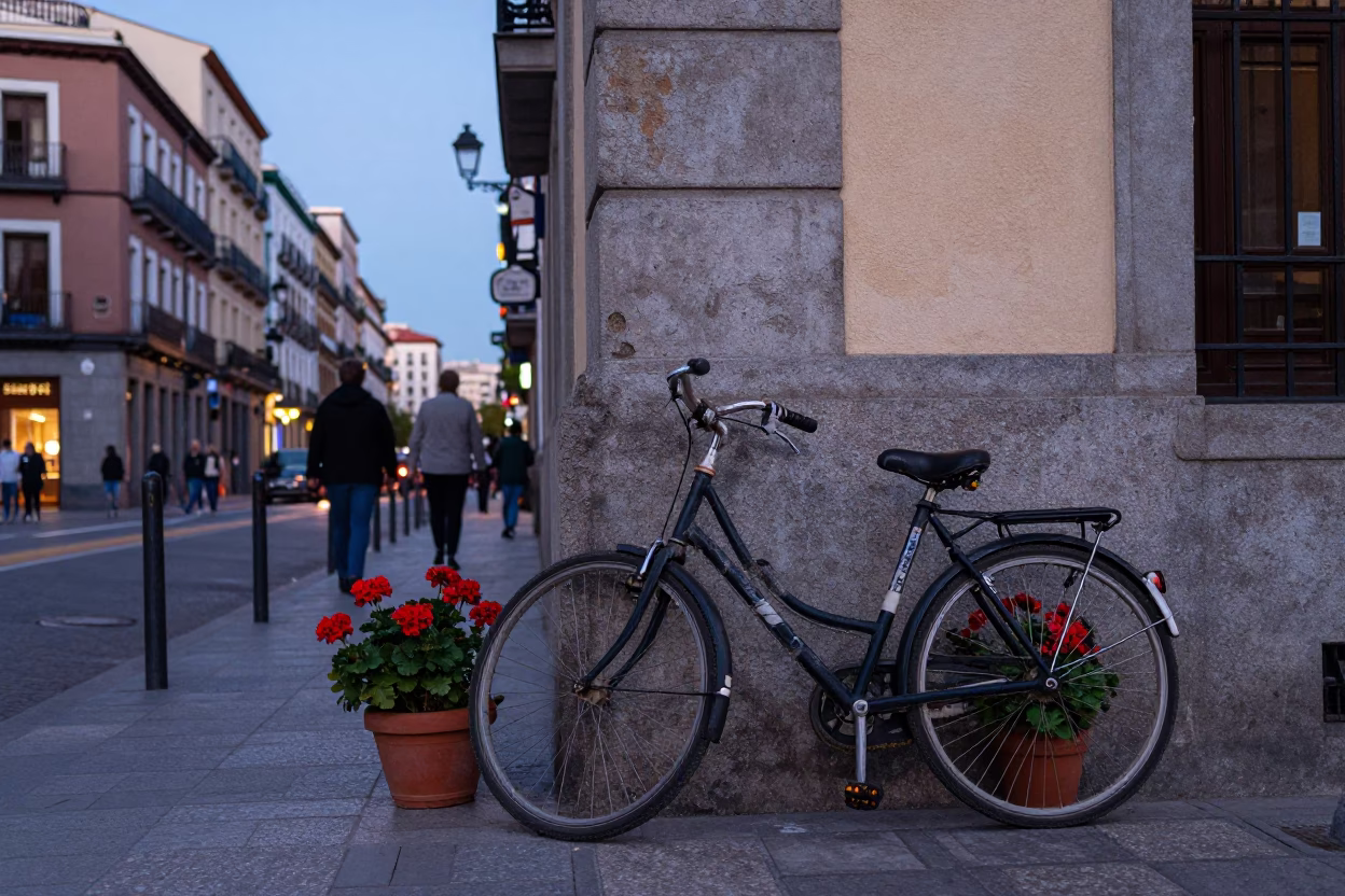 Madrid Spain Nautical Dawn Street Scene with Potted Geraniums and Local Life in in Madrid, Spain