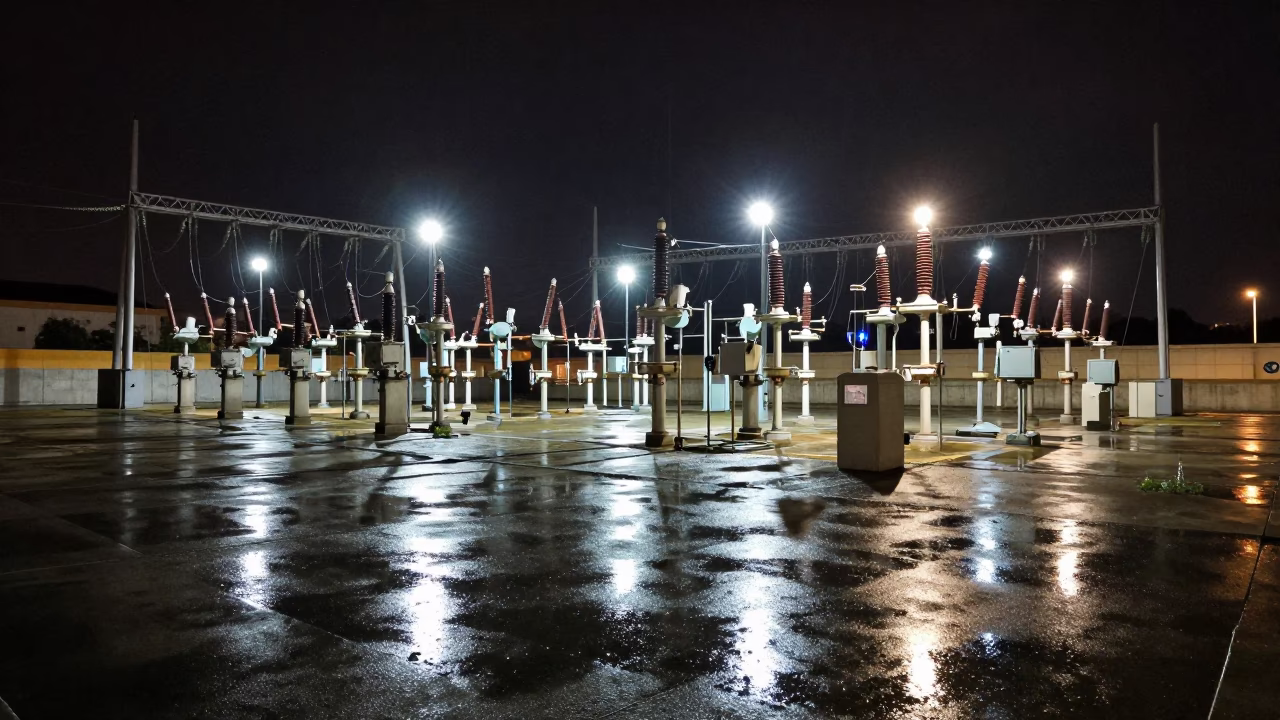Madrid Spain Night Scene Substation Insulators Sparkling Under Floodlights in in Madrid, Spain
