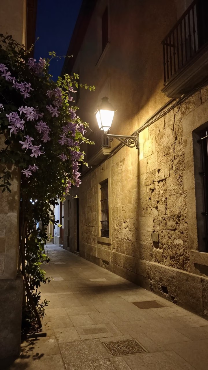 Madrid Spain Night Street Scene with Stone Wall and Clematis Vine Lighting in in Madrid, Spain