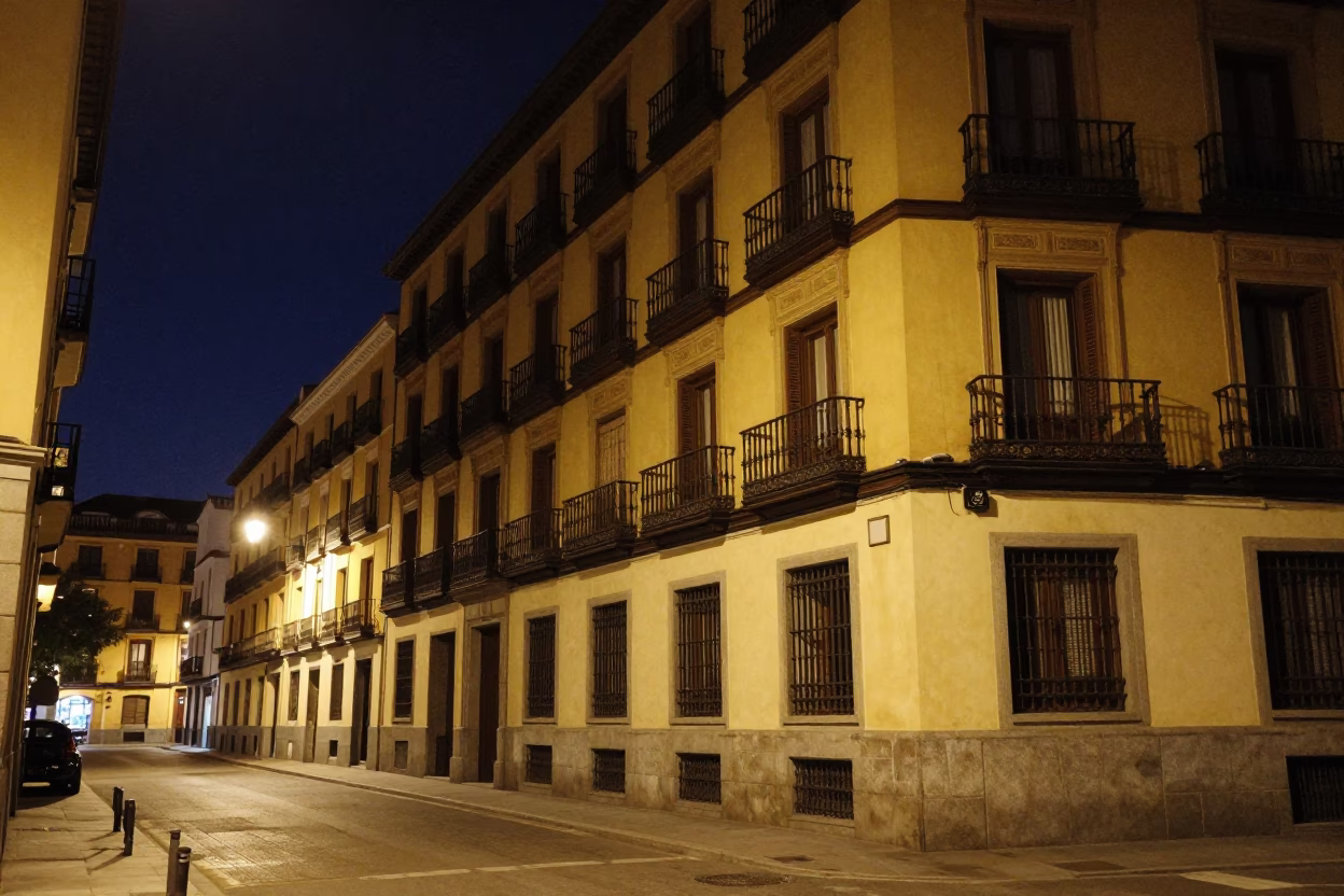 Madrid Spain night street scene with vintage 1980s aesthetic and urban architecture in in Madrid, Spain