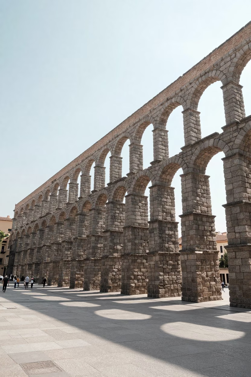 Madrid Spain Noon Light Aqueduct Haze and Street Life in in Madrid, Spain