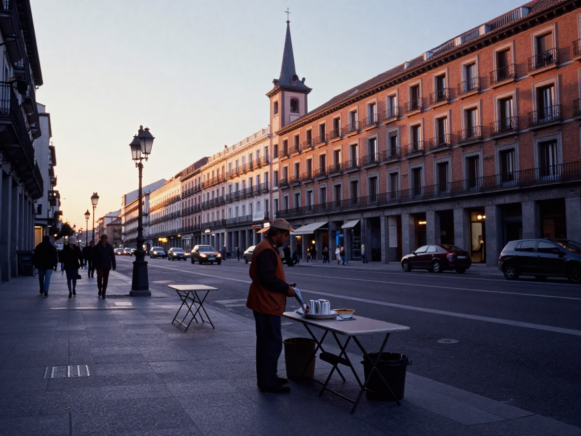 Madrid Spain Pre-Dawn Street Scene with Folding Tables and Hurricane Lamp in in Madrid, Spain