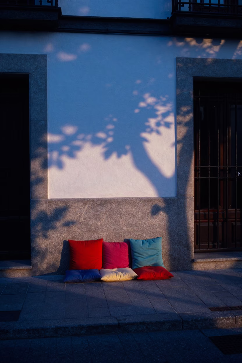Madrid Spain Pre-Dawn Street Scene with Leaf Shadows on Tile and Twine Fibers in in Madrid, Spain