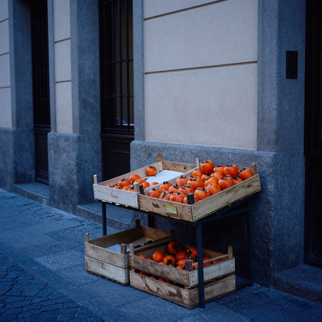 Madrid Spain Pre-dawn Street Scene with Persimmons and Vintage 1980s Urban Atmosphere in in Madrid, Spain