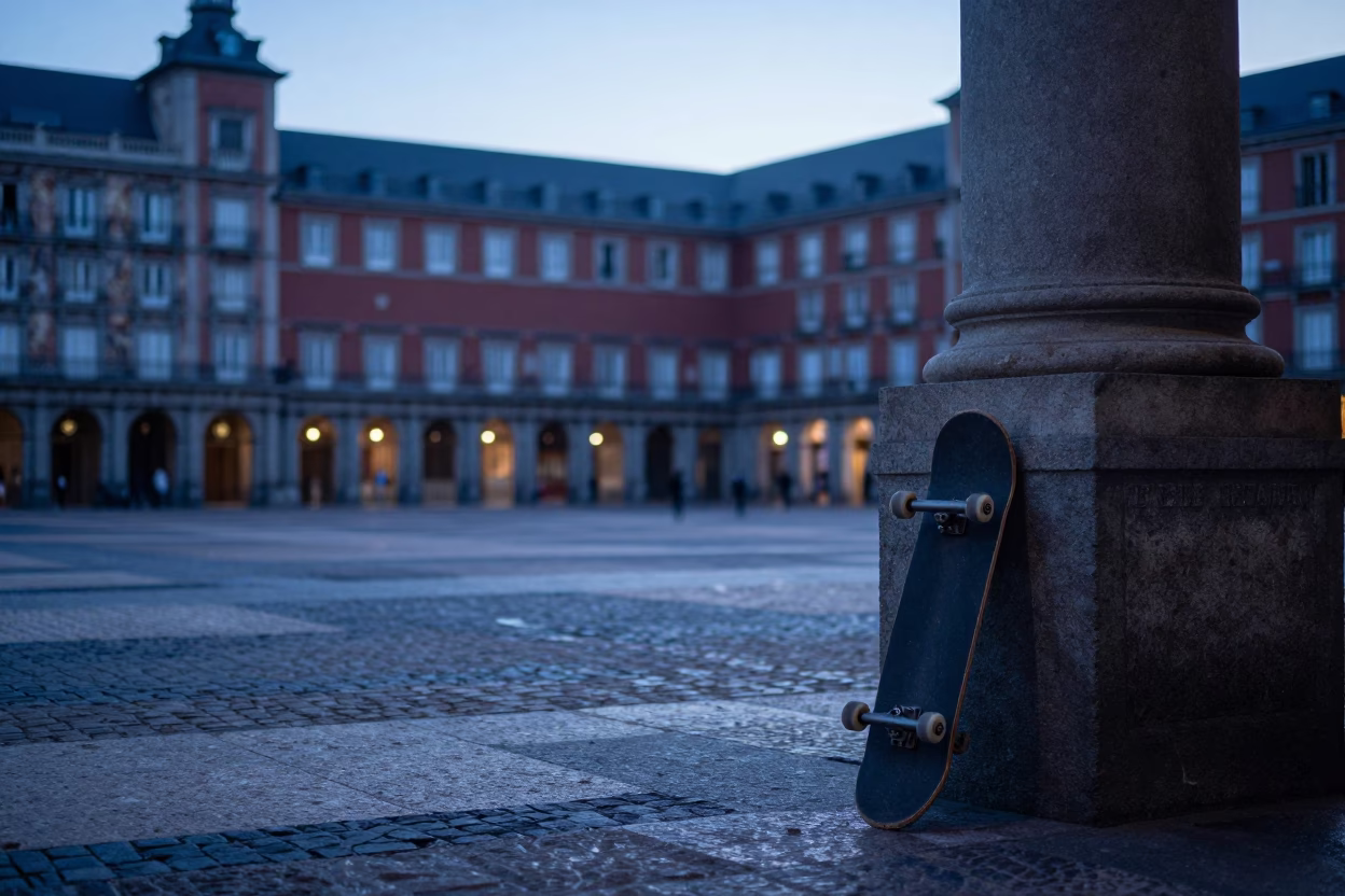 Madrid Spain Pre-Dawn Street Scene with Skateboard and Urban Dust in in Madrid, Spain