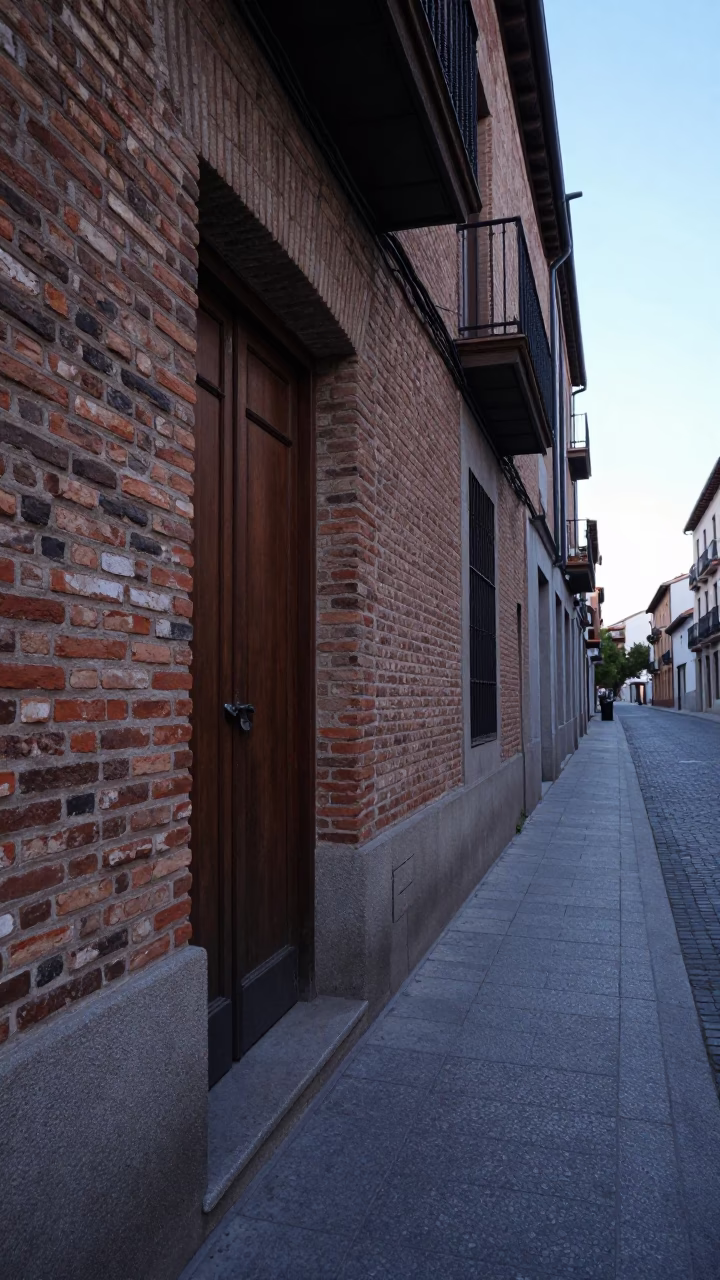 Madrid Spain pre-dawn street scene with vintage brickwork and morning light in in Madrid, Spain