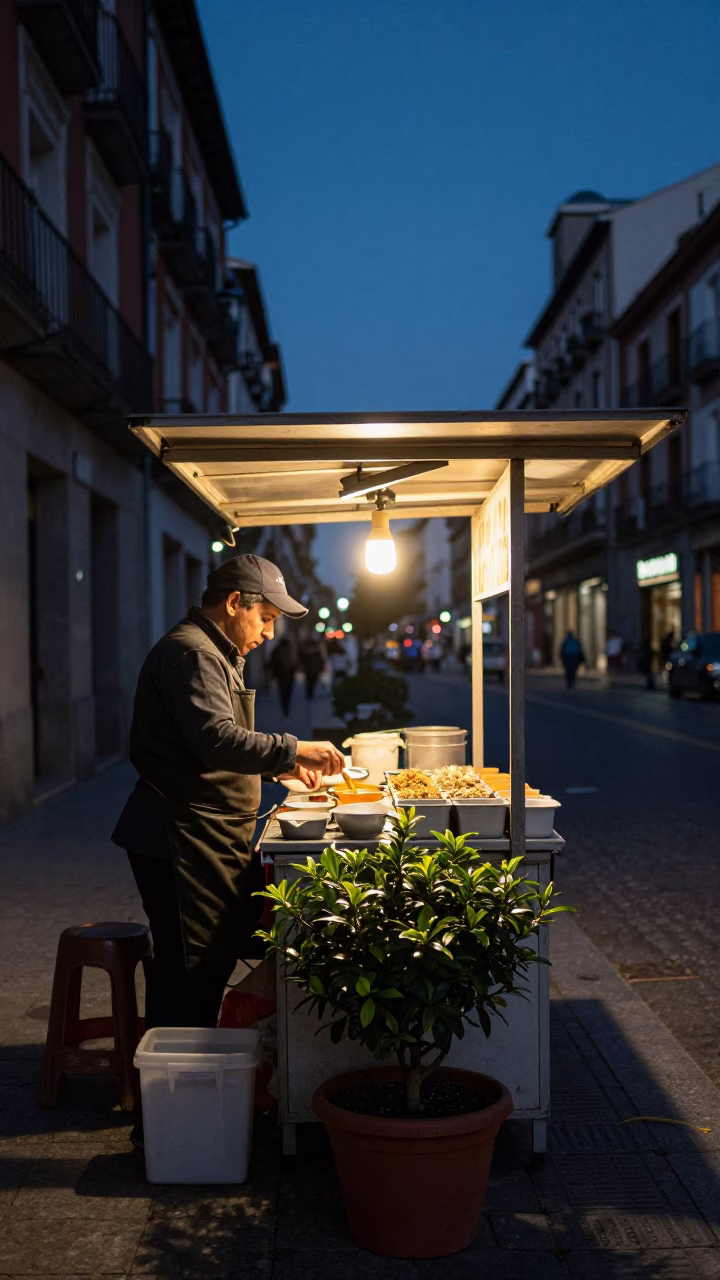 Madrid Spain Predawn Street Food Stall with Tea Bush and Fries in in Madrid, Spain