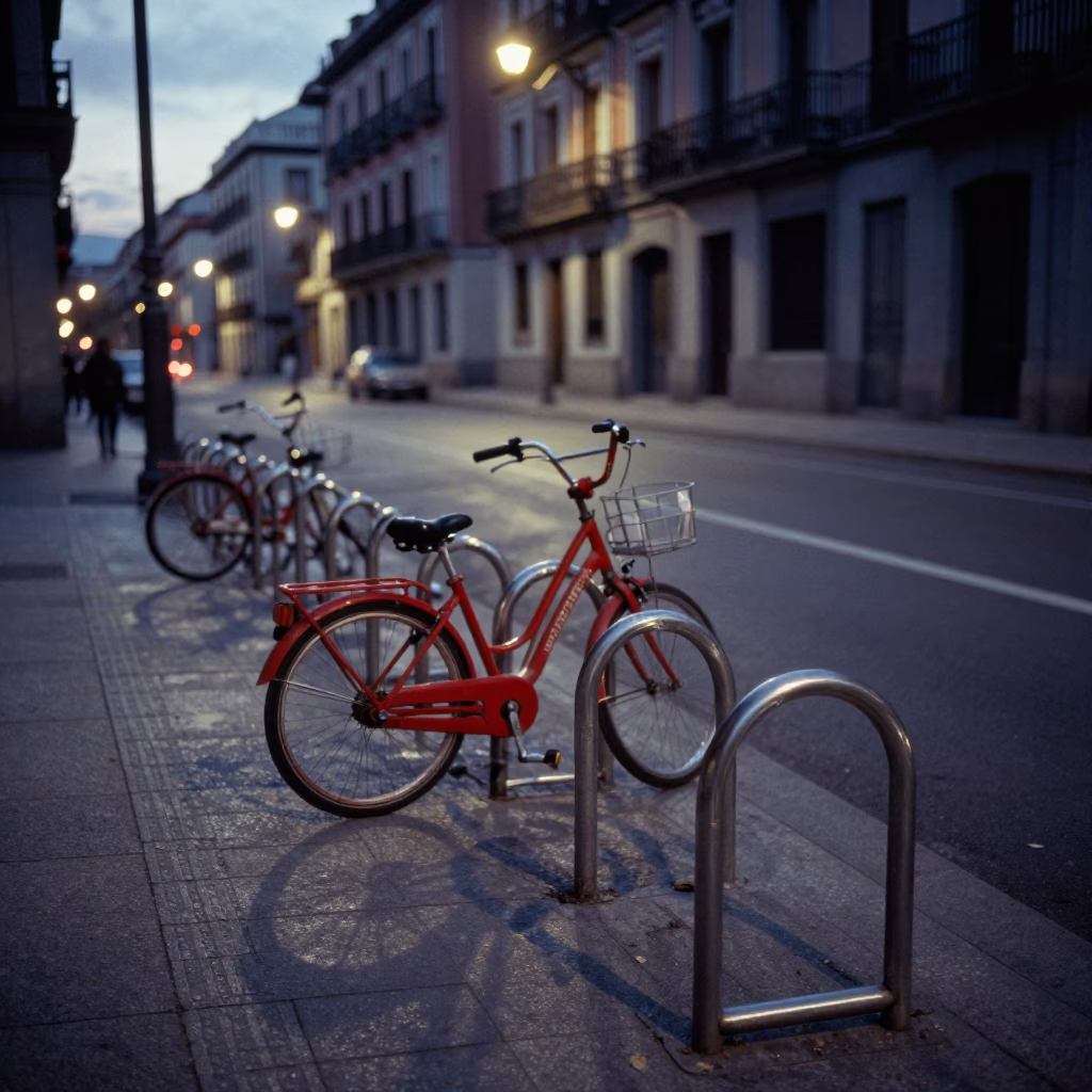 Madrid Spain Predawn Street Scene with Bicycle Rack and Red Brick Architecture in in Madrid, Spain
