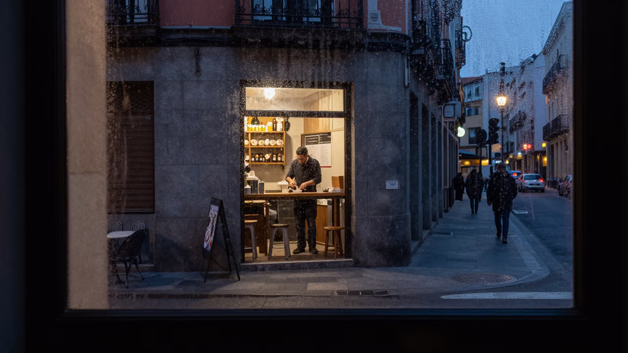 Madrid Spain Predawn Street Scene with Condensation on Window Frame and Local Morning Activity in in Madrid, Spain