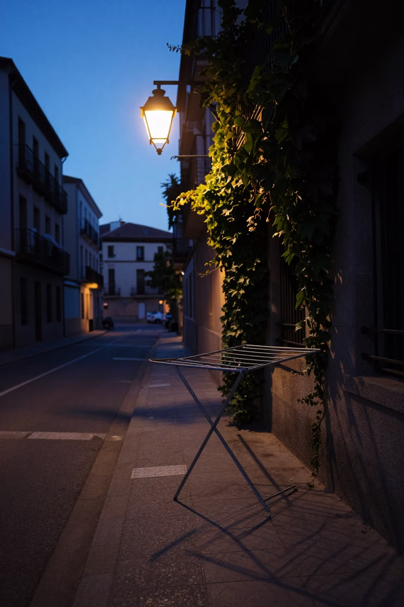 Madrid Spain Predawn Street Scene with Drying Rack and Ivy on Brick Wall in in Madrid, Spain