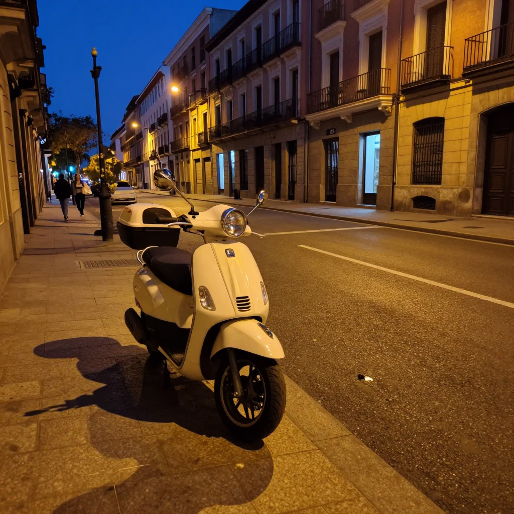 Madrid Spain Predawn Street Scene with Scooter and Frost on Car Window in in Madrid, Spain