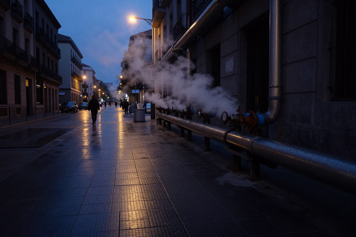 Madrid Spain predawn street scene with steaming heating pipes behind frost fencing in in Madrid, Spain