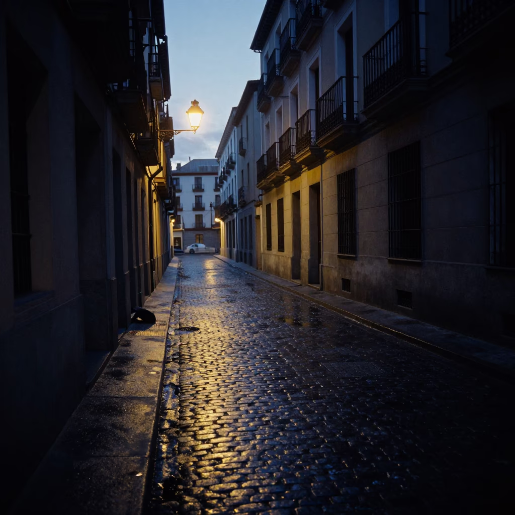Madrid Spain predawn street scene with wet cobblestones and iron deadbolt detail in in Madrid, Spain