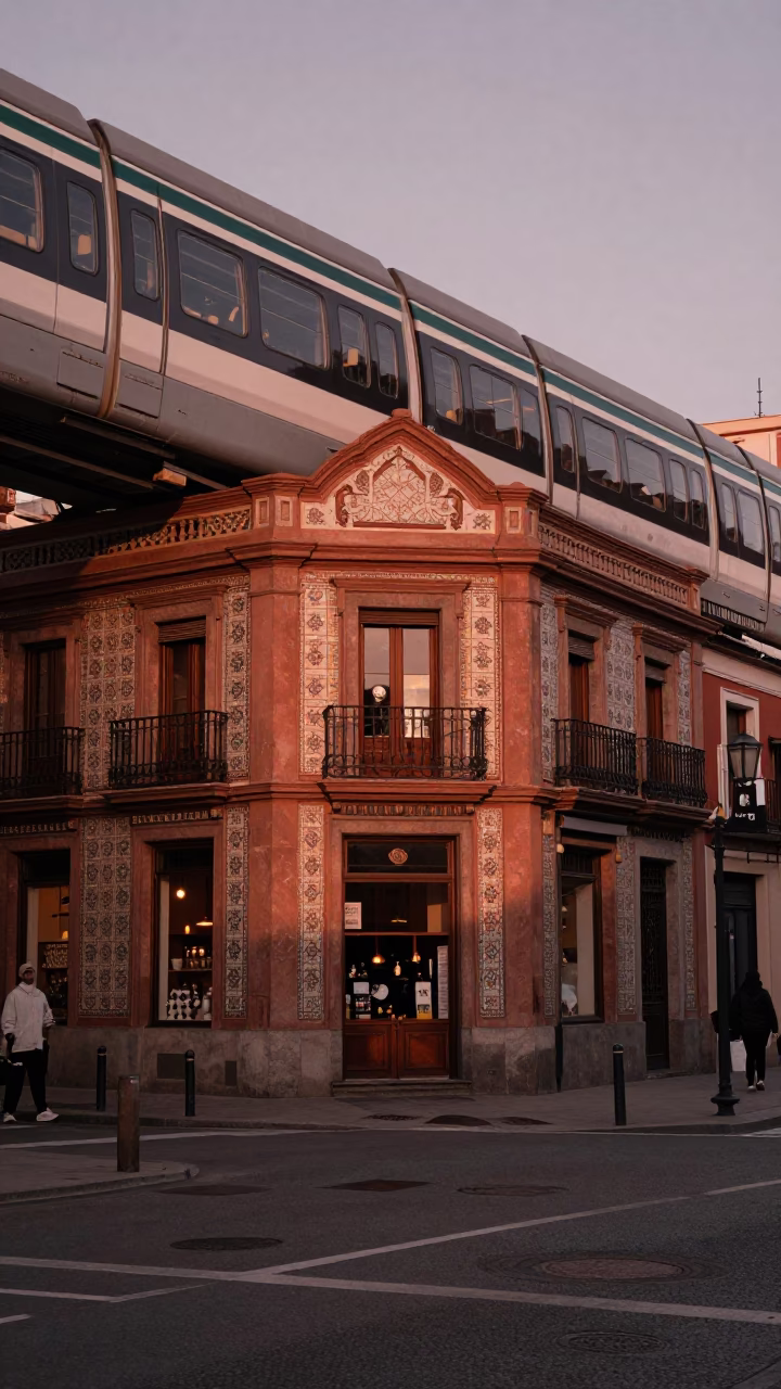 Madrid Spain Street Scene at Dusk with Monorail and Terracotta Bowls in in Madrid, Spain