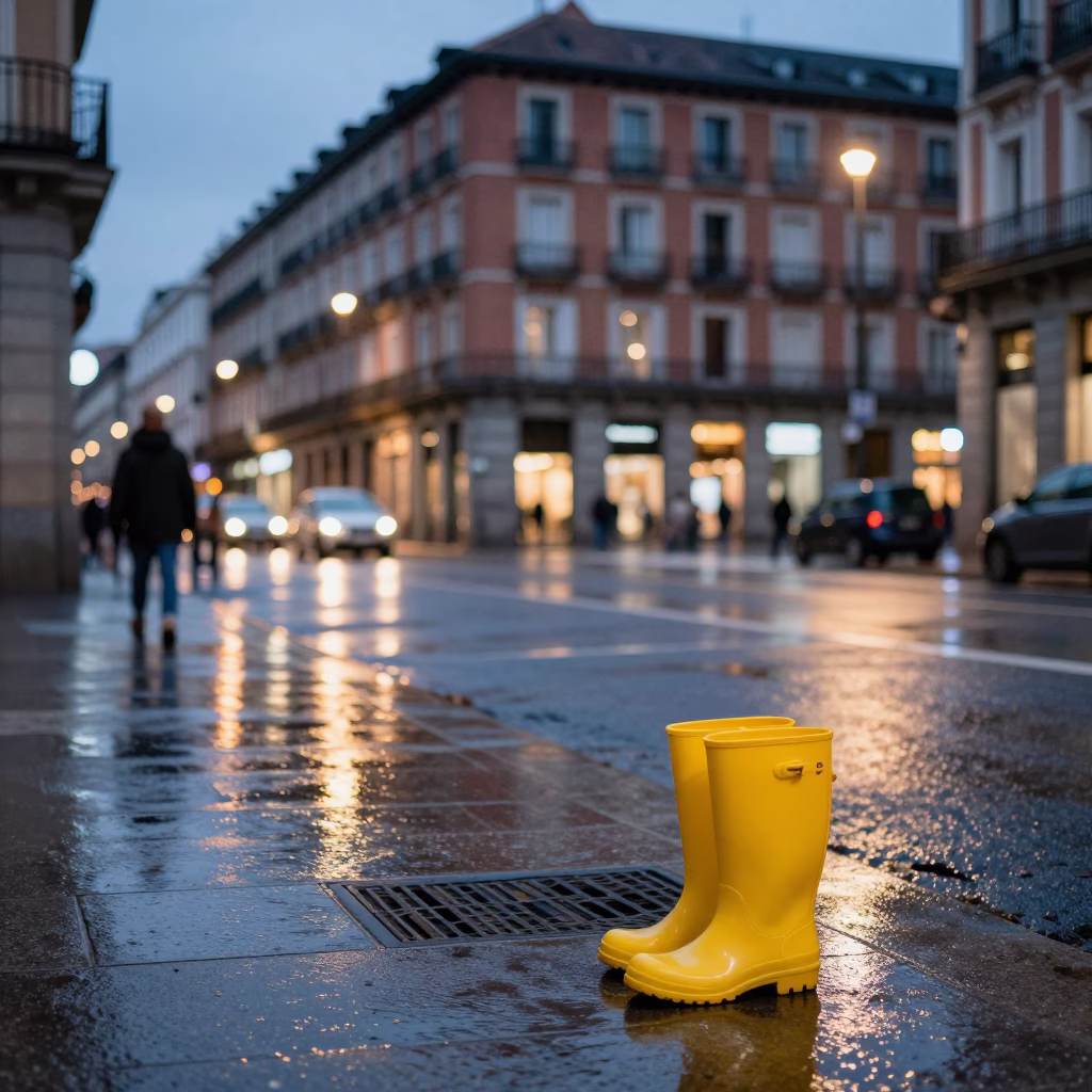 Madrid Spain Street Scene at Dusk with Rain Boots and City Lights in in Madrid, Spain