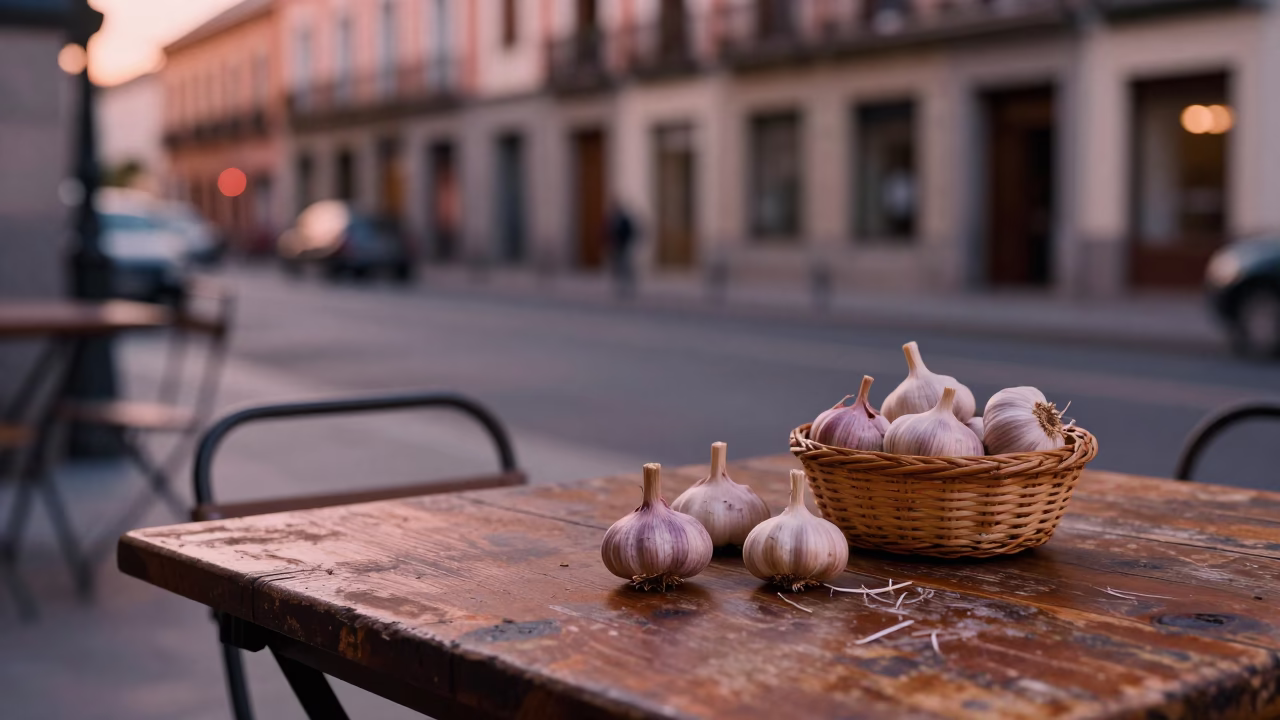 Madrid Spain Street Scene Before Dusk With Garlic Bulbs And Goblet On Cafe Table in in Madrid, Spain