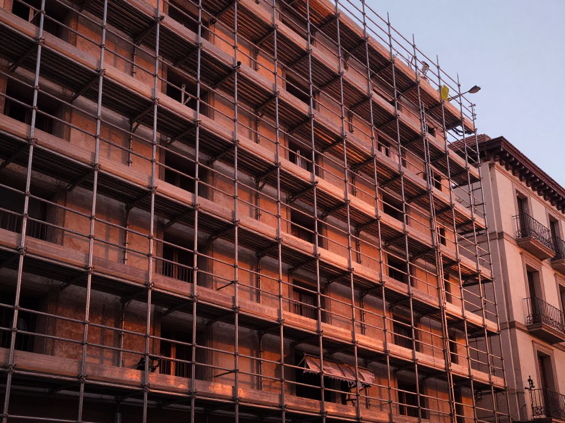 Madrid Spain Street Scene Copper Light Before Dusk Construction Scaffold and Urban Details in in Madrid, Spain