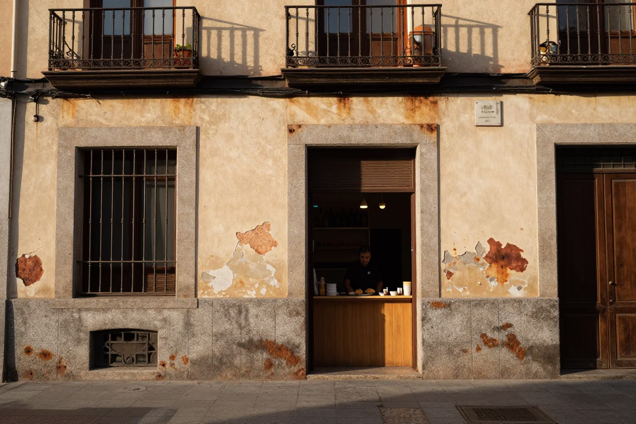 Madrid Spain Street Scene Just After Sunrise With Local Breakfast Items And Rusty Walls in in Madrid, Spain