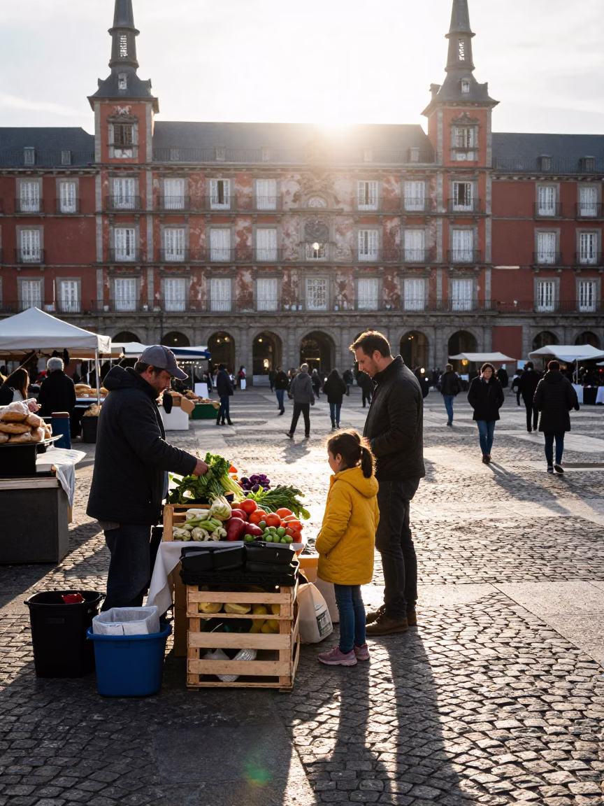 Madrid Spain Street Scene Just After Sunrise with Local Market Activity and Morning Light in in Madrid, Spain