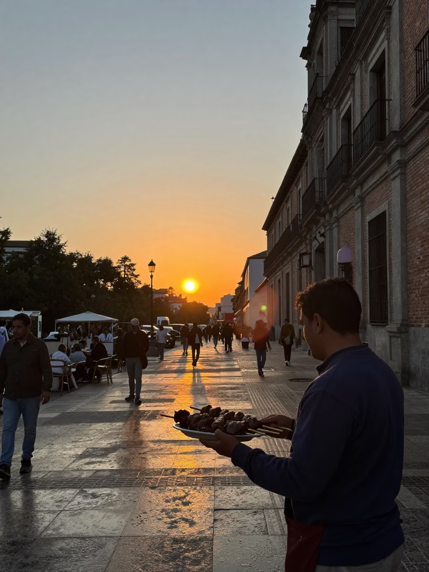 Madrid Spain Sunset Street Scene with Anticuchos Skewers and Wet Cobblestones in in Madrid, Spain